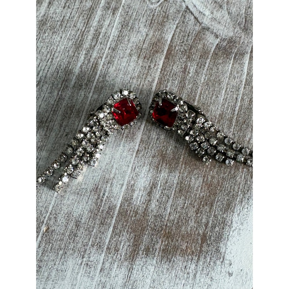 VTG Dangle Estate Red Clear Rhinestone‎ Clip Earrings Regency Glam Formal Chic